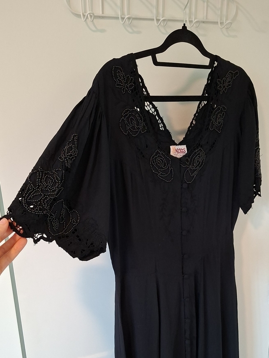 Vintage Dresses & Skirts - Vintage 90's Black Basque Waist Beaded Floral Button-up Maxi Dress (Size L)